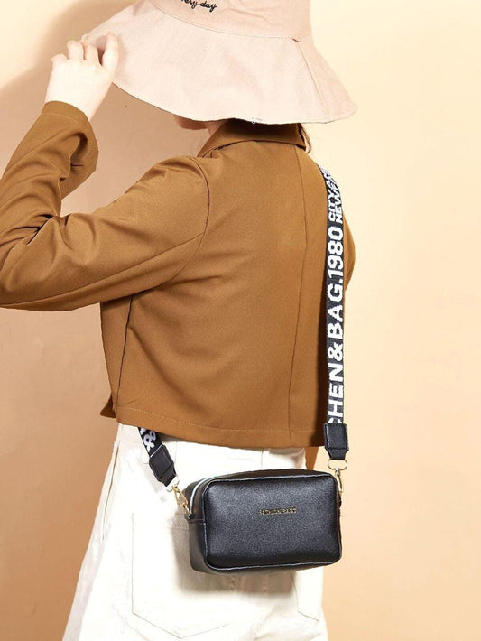 PU Leather Wide Strap Crossbody Bag Simple Style Small Shoulder Bags for Women - Black